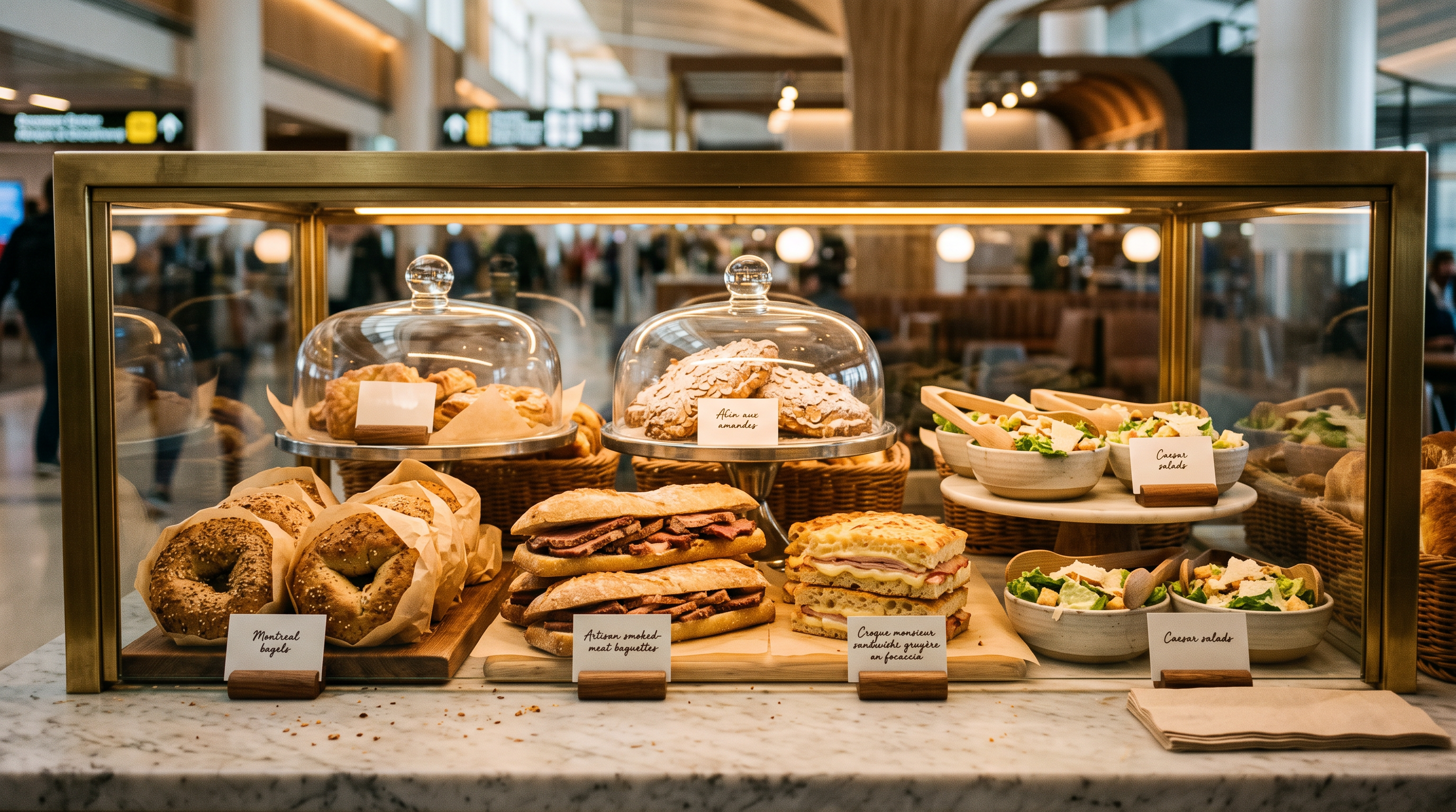 AI-generated placeholder: self-serve pastry and grab-and-go case with Montreal bagels and pastries