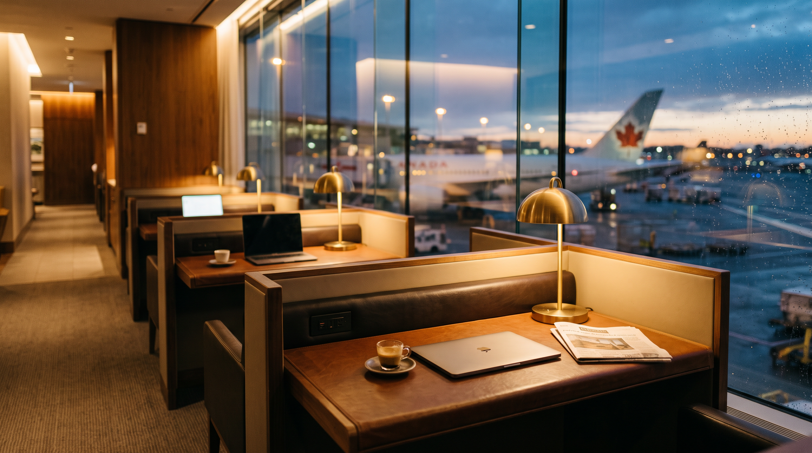 AI-generated placeholder: airport lounge workstations with leather-topped surfaces, brass task lamps, and USB-C charging